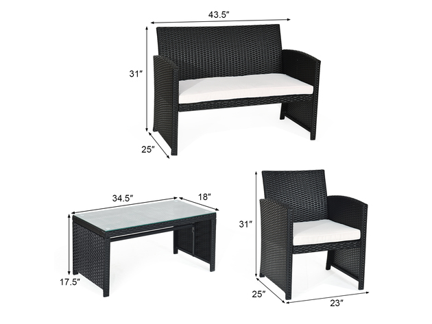 Costway 4 Piece Patio Rattan Furniture Conversation Set Cushioned Sofa Table Garden Black