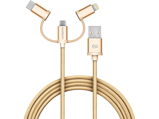 Naztech Braided 3-in-1 Hybrid USB Cable for USB-C, Lightning, and Micro USB devices (Gold)