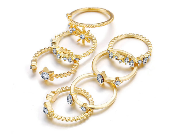 7-Piece Celestial Gold Plated Ring Set with Mini White Swarovski