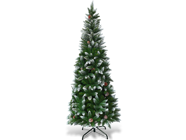 Costway 6ft Snow Flocked Unlit Pencil Christmas Tree Hinged Pine Cones -  Green, White | StackSocial