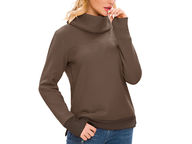 Brown Solid Long Sleeve Cowl Neck Pullover with Back Pleat