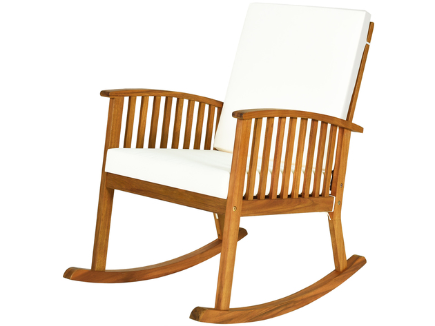 Costway Acacia Wood Rocking Chair Patio Garden Lawn W/ Cushion - Teak