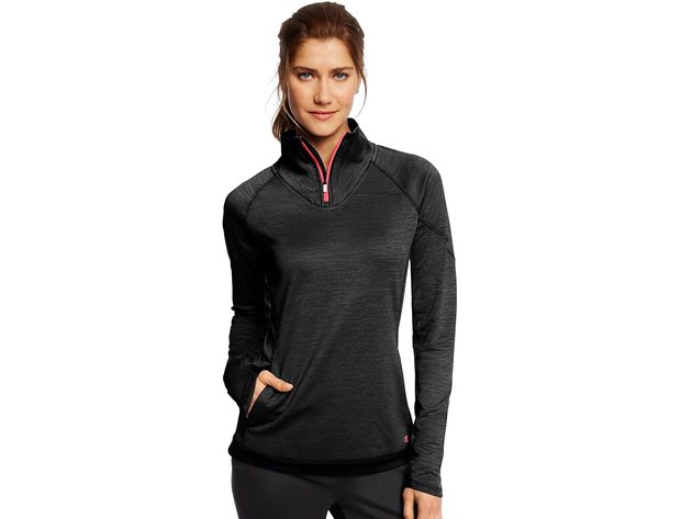 Champion Women's Activewear Fleece Quarter-Zip Pullover Jacket, Raglan Seams and Zip-Up Funnel Collar, Small, Black