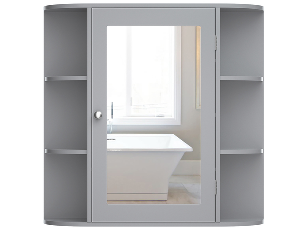 Costway Wall Mounted Medicine Cabinet w/Mirrored Door and 6 Open Shelves- Gray