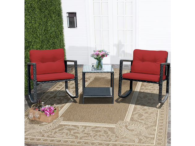 Costway 3 Piece Patio Rattan Furniture Set Rocking Chairs Cushioned Sofa - Burgundy
