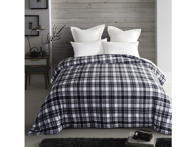 Spyder Sherpa Lined Flannel Ultra Plush Bed Blanket Interwoven Strength - Twin 60"x90" Black+White