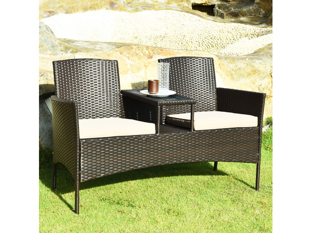 Costway Patio Rattan Chat Set Loveseat Sofa Table Chairs Conversation Cushioned Beige cover