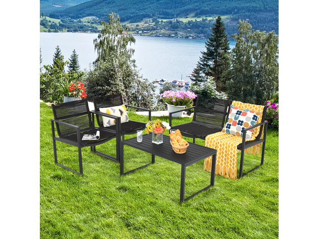 Costway 4PCS Patio Furniture Conversation Set Sofa Loveseat Armrest Garden Deck - Black & Brown