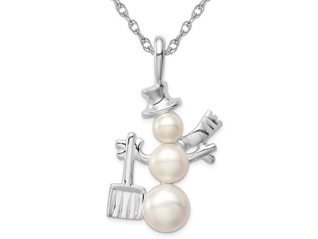 Snowman Charm Freshwater Cultured Pearl Pendant Necklace in Sterling Silver with Chain