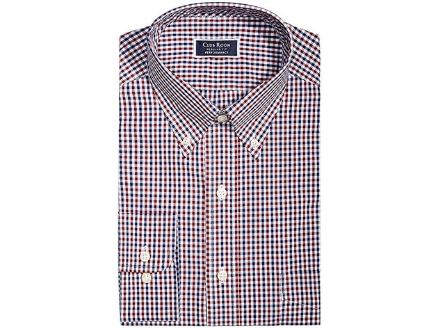 Club Room Men's Classic/Regular Fit Gingham Check Performance Dress Shirt Wine Size 16.5x32-33