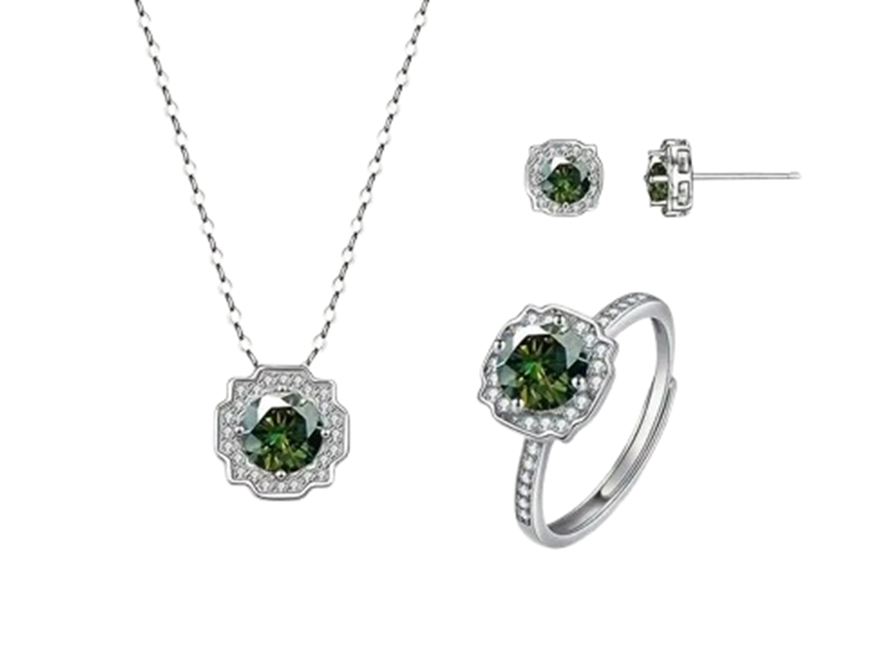 4-Piece Elegant Moissanite Jewelry Gift Set with Adjustable Ring (Dark Green)