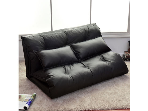 Costway PU Leather Foldable Modern Leisure Floor Sofa Bed Video Gaming 2 Pillows Black