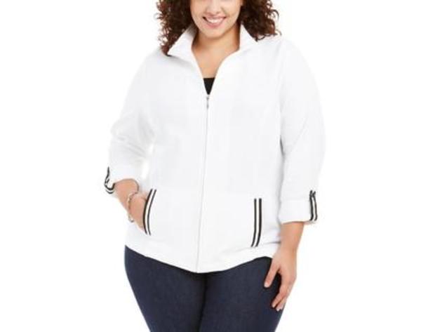 Karen Scott Women's Sport French Terry Ribbon-Trim Jacket White Size Mediunm