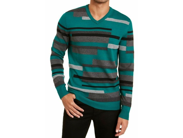 Textured Striped V-Neck Sweater Green 