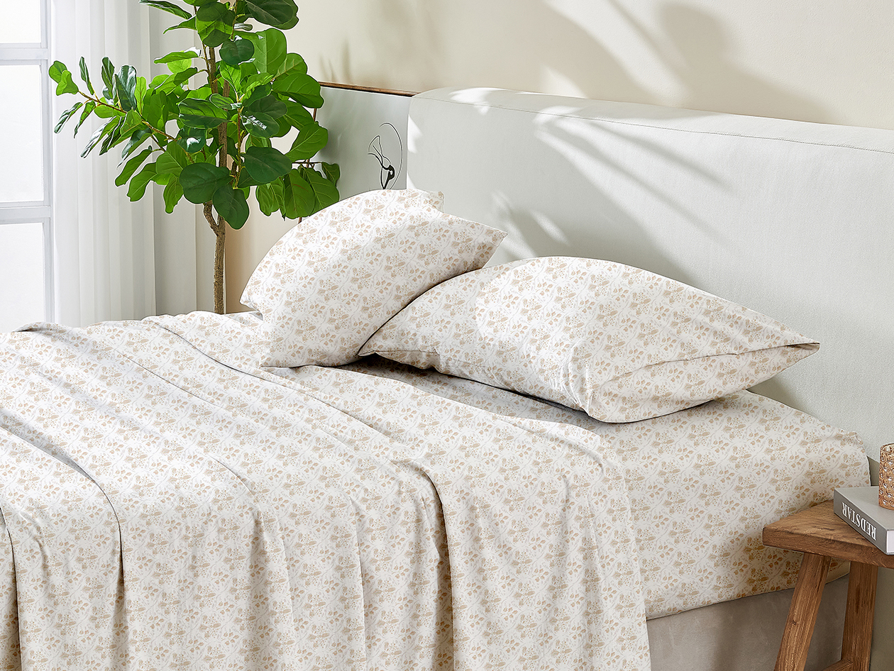 4-Piece Floral Print Microfiber Sheet Set (Taupe/Queen)
