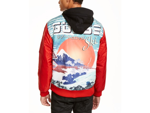 Guess Men's New Wave Hooded Bomber Jacket Red Size Small