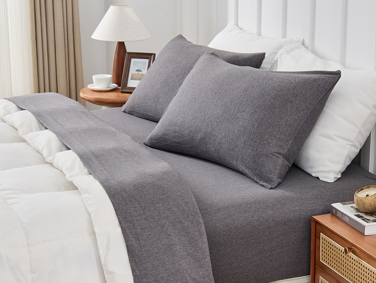 Kathy Ireland 4 Piece Heathered Jersey Knit Cotton Sheet Set (King/Dark Gray)