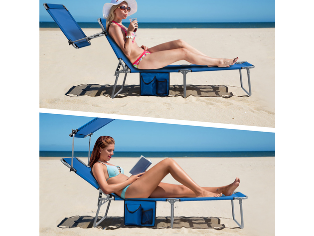 Costway Foldable Lounge Chair Outdoor Adjustable Beach Patio Pool Recliner W/Sun Shade - Blue