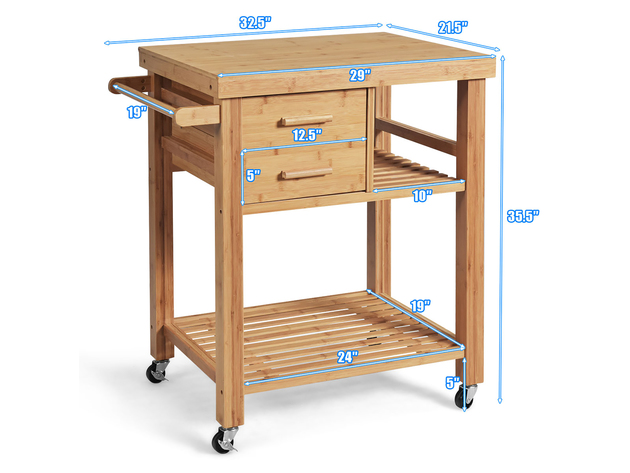 Costway Bamboo Kitchen Trolley Cart Wood Rolling Island w/ Tower Rack & Drawers 