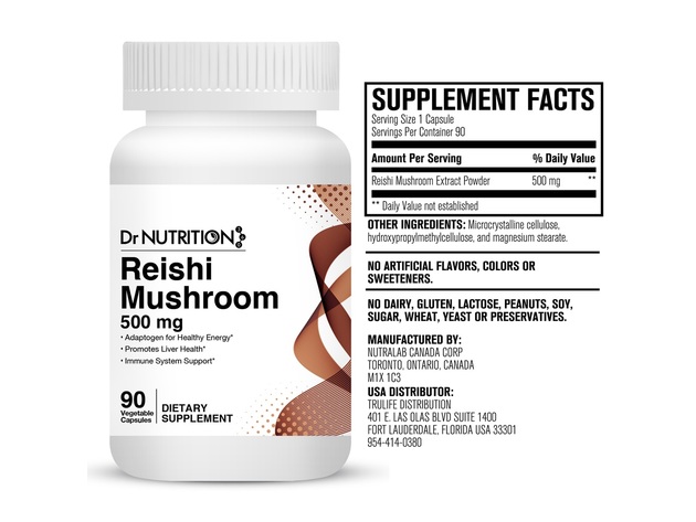 Dr Nutrition 360 Reishi Mushroom 500 mg - Liver Health and Immune System Support, 90 Vegetable Capsules, 3 Months Supply Dietary Supplement