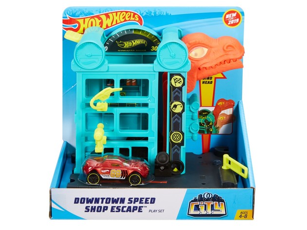 Hot Wheels Downtown Speed Shop Escape Dinosaur and Hot Wheels Storytelling Playset, Suggested For Kids Ages 4-8