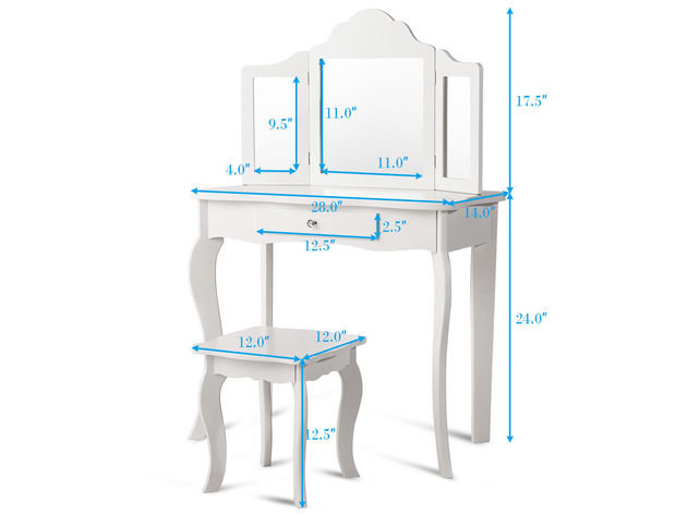 Costway Vanity Table Set Makeup Dressing Table Stool Mirror - White