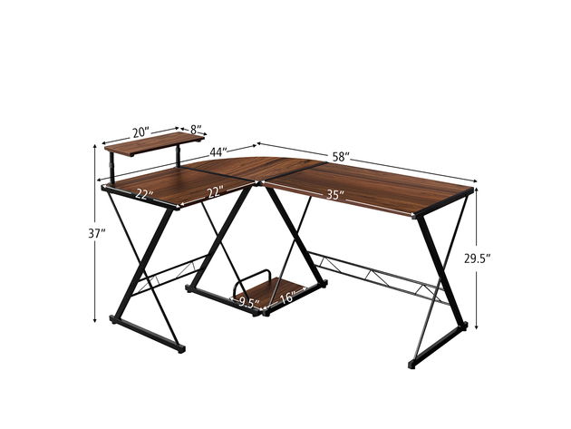 Costway 58'' x 44'' L-Shaped Computer Gaming Desk w/ Monitor Stand & Host Tray Home Office Walnut