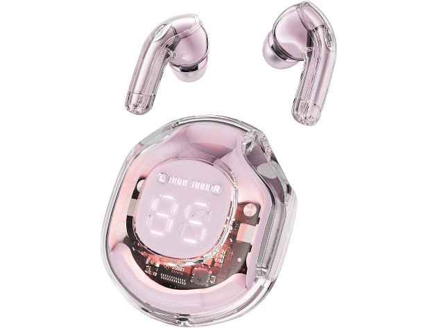 Transparent Bluetooth Earbuds with LED Power Display Charging Case Pink