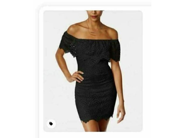 Material Girl Juniors' Off-The-Shoulder Lace Ruffle Bodycon Dress Black Size Large