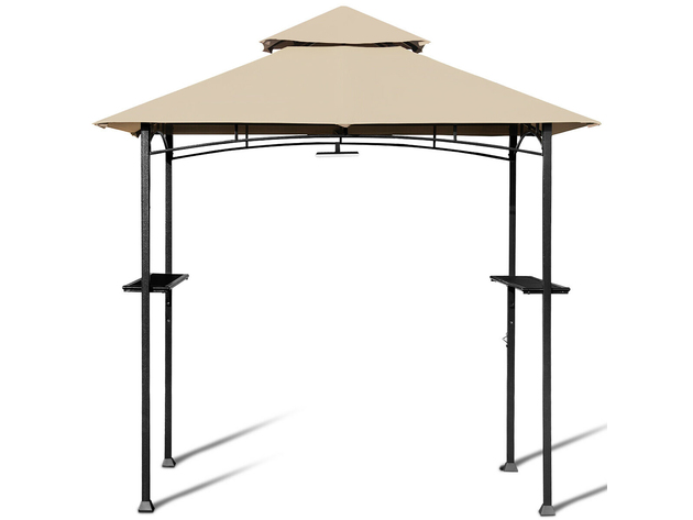 Costway 8' x 5' Outdoor Patio Barbecue Grill Gazebo w/ LED Lights 2-Tier Canopy Top Tan - Khaki