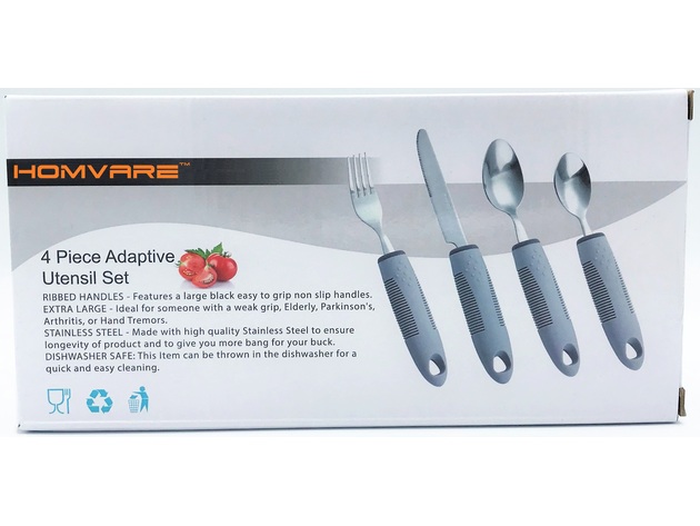Homvare Adaptive Utensils Set of 4 Wide, Non-Weighted, Non-Slip Handles for Hand Tremors - Grey