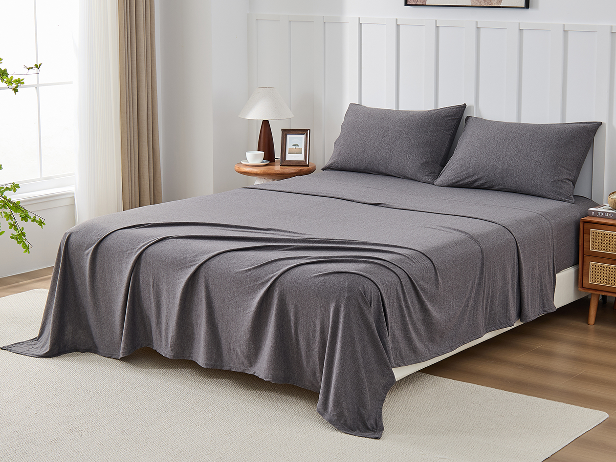 Kathy Ireland 4 Piece Heathered Jersey Knit Cotton Sheet Set (King/Dark Gray)