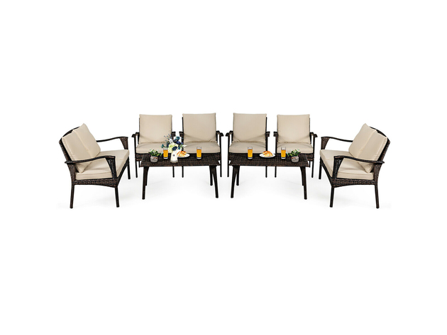 Costway 8 Piece Patio Rattan Wicker Furniture Set Cushioned Sofa Couch Coffee Table Brown