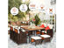 Costway 9 Piece Patio Rattan Dining Set Cushioned Chairs Ottoman Wood Table Top White