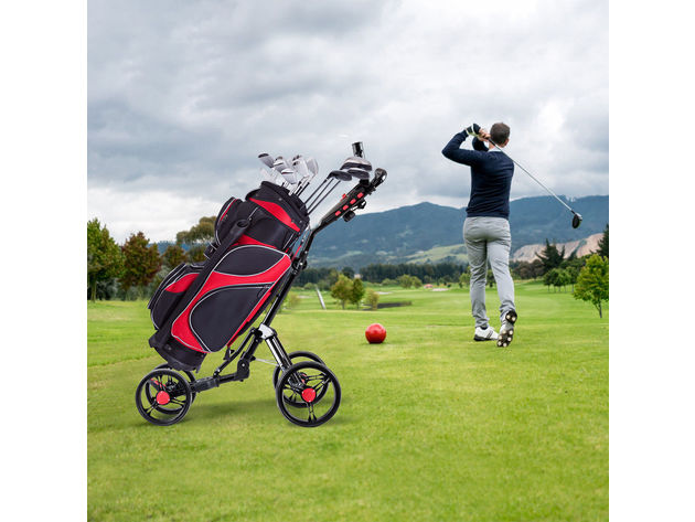 Costway Folding 4 Wheel Golf Pull Push Cart Trolley Club Umbrella Scorecard Drink Holder 