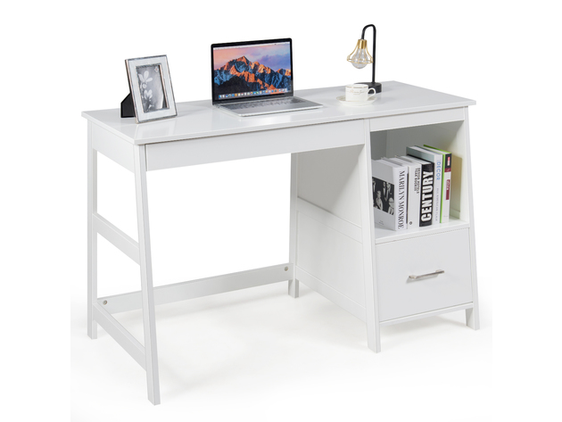 Costway 47.5'' Computer Desk Trestle Desk Writing Study Workstation w/ Shelf & 2 Drawers - White