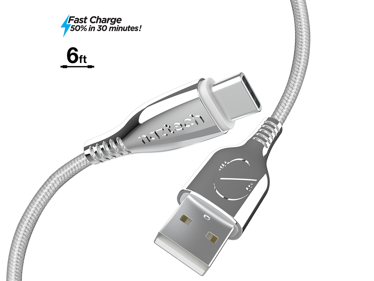 Naztech 6ft Titanium USB-A to USB-C Braided Cable (White)