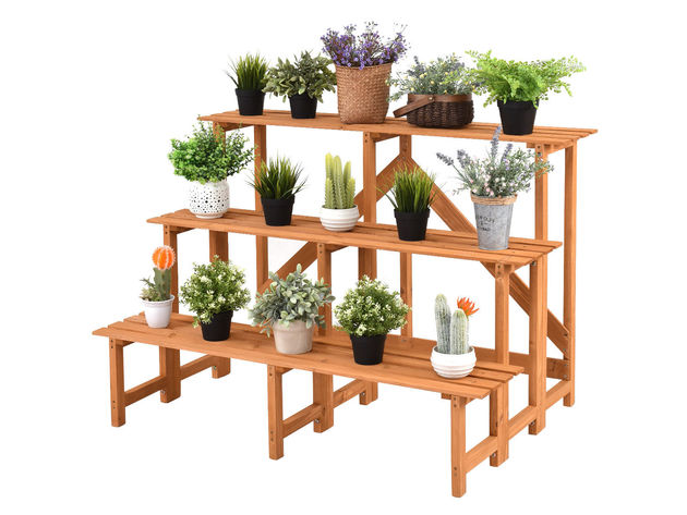 3 Tier Wide Wood Plant Stand Flower Pot Holder Display Rack Shelves Step Ladder - Yellow