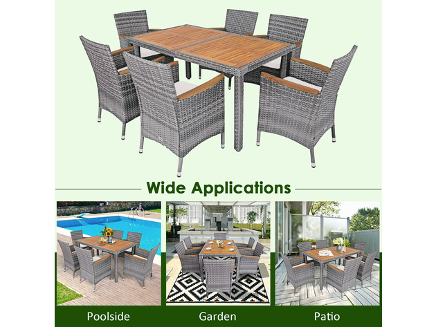 Costway 7PCS Patio Rattan Dining Set Acacia Wood Table Cushioned Chair Mix Gray - Gray, Natural