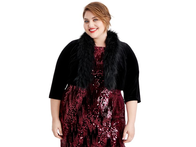 Jessica Howard Women's Plus Velvet Faux-Fur-Trim Shrug Jacket Black Size  Extra Large