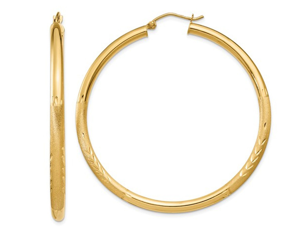 Large Satin and Diamond Cut Hoop Earrings in 14K Yellow Gold 2 Inch (3.00 mm)