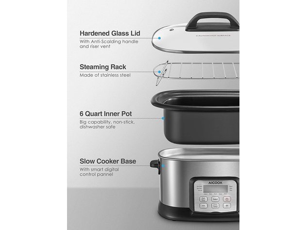 AICOOK 6qt Programmable Slow Cooker, 1500W, 10-in-1 Multi-Use Steamer Food Warmer, Yogurt Maker, 1500W