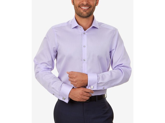 Calvin Klein Steel Men's Slim-Fit Non-Iron Performance Herringbone French Cuff Dress Shirt Purple Size 36-37
