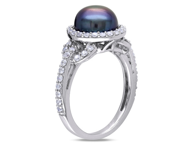 Black Freshwater Cultured Pearl 8.5-9mm and Cubic Ring In Sterling Silver - 9