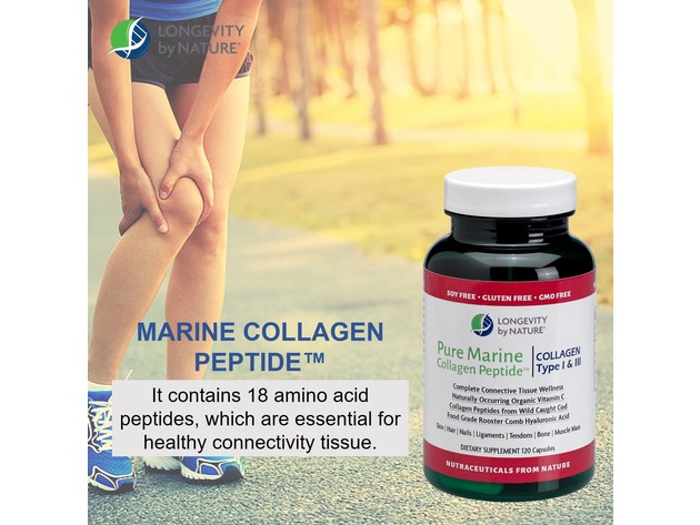 Longevity by Nature Pure Marine Collagen Peptide - Soy and Gluten Free, NON-GMO, 120 Capsules Dietary Supplement