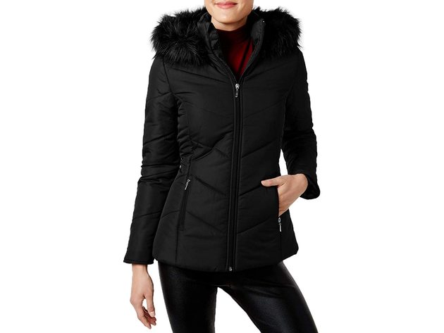 Maralyn & Me Women's Juniors' Hooded Faux-Fur-Trim Puffer Coat Black Size Extra Small