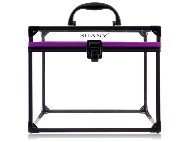 SHANY Clear Cosmetics and Toiletry Train Case - Extra Large Travel Makeup Organizer with Secure Closure and Black/Purple Accents - XL