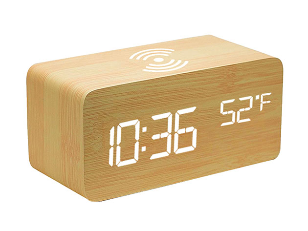 Qi Charging LED Wooden Alarm Clock (Ivory)