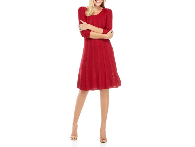 Nine West Women's V-Neck Fit & Flare Cable Knit Dress Red Size Small