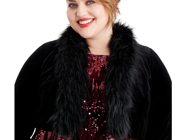Jessica Howard Women's Plus Size Velvet Faux-Fur-Trim Shrug Black Size 2 Extra Large